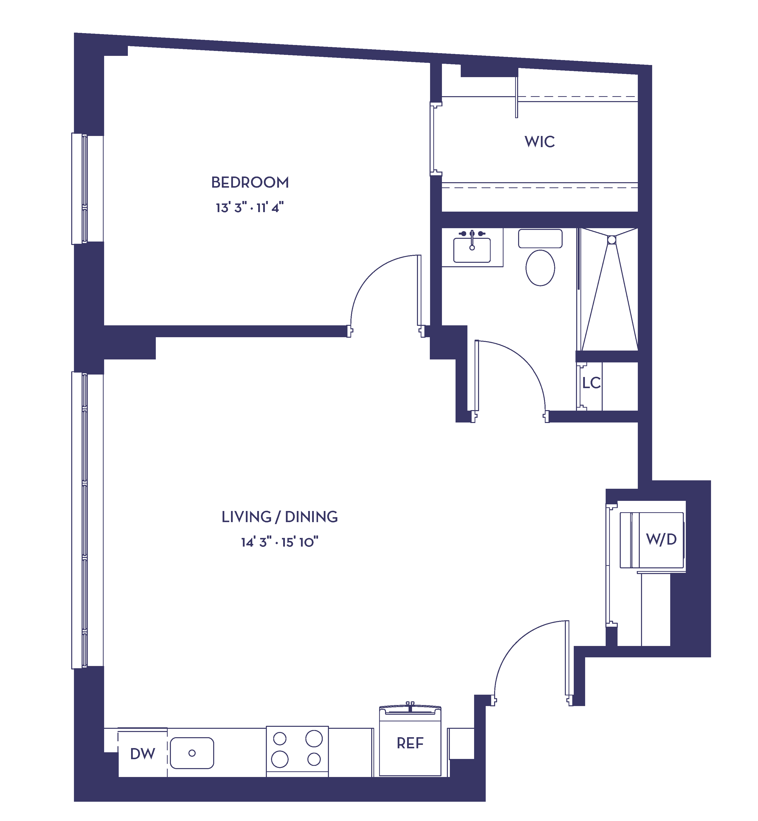Floor plan for 1 bed, 1 bath, 620 sqft